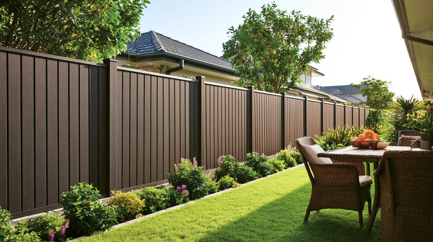 Tall dark composite acoustic fence around a landscaped backyard